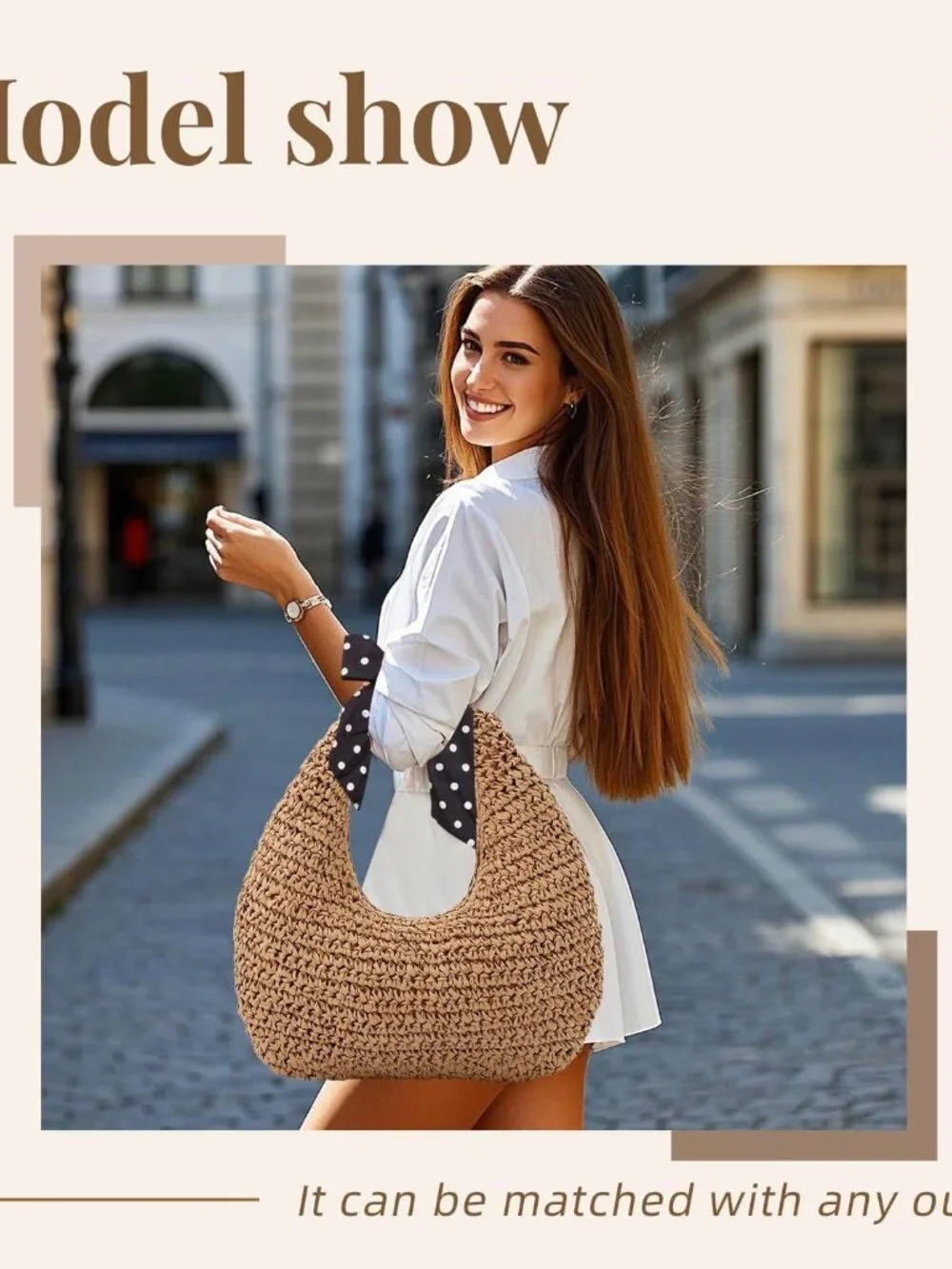 Straw Bag for Women, Summer Beach Tote Purse with Zipper, Raffia Woven Bag, Tote - Picture 7 of 7